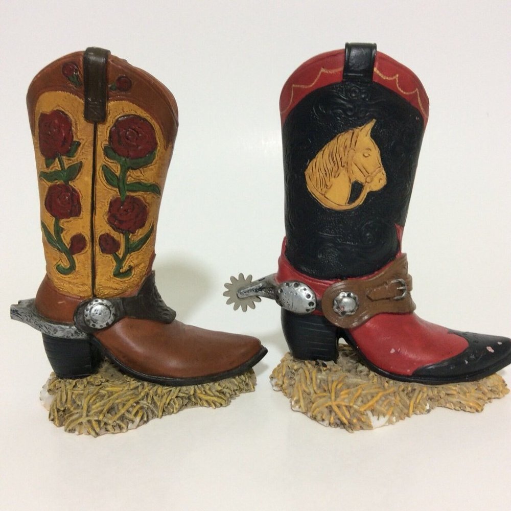 Western Cowboy Spur Boot Box Ceramic Figurines Knick Knacks Decor Set Of 2